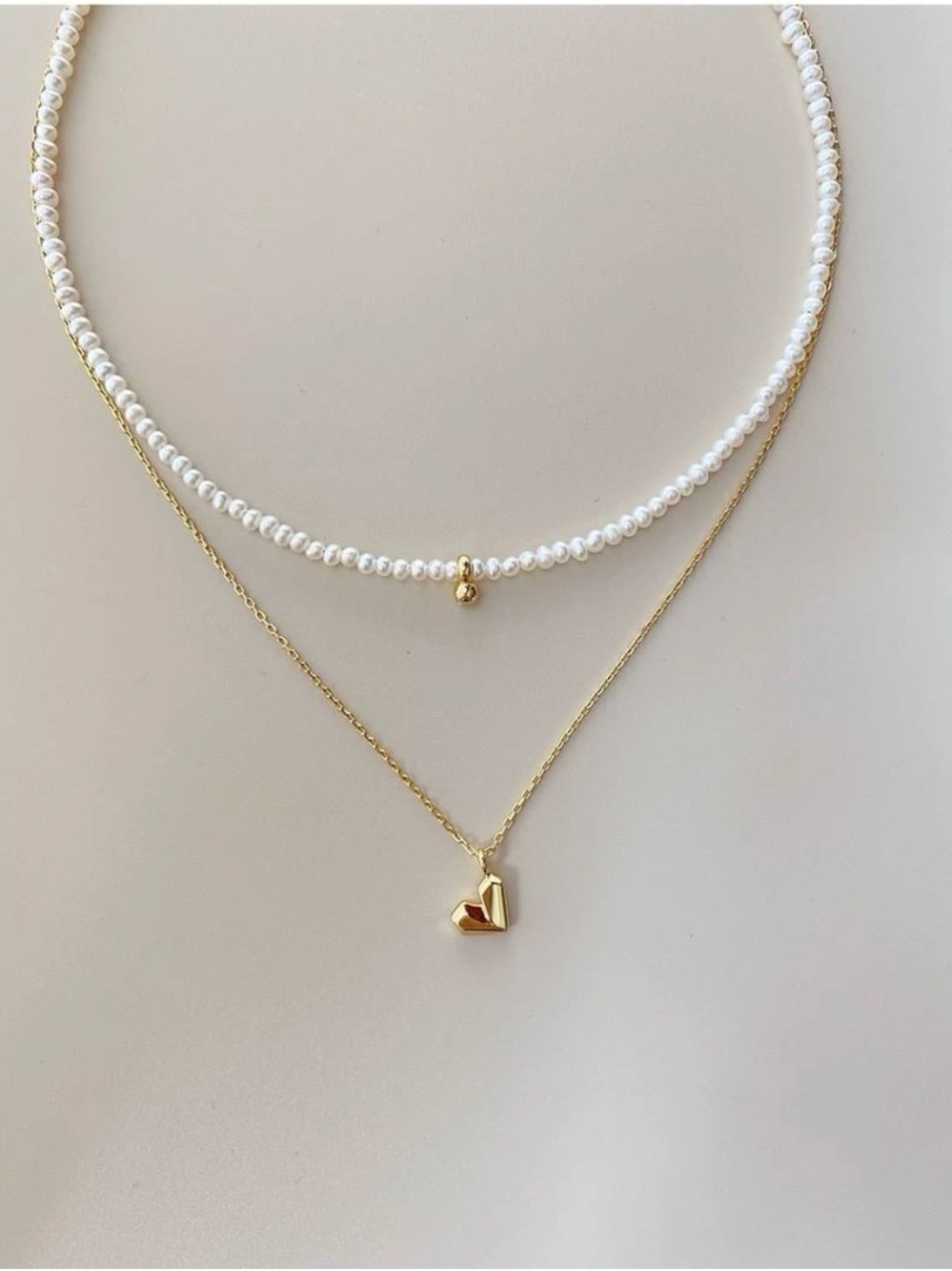 Gold Heart Pendant Layered Necklace with White Pearls